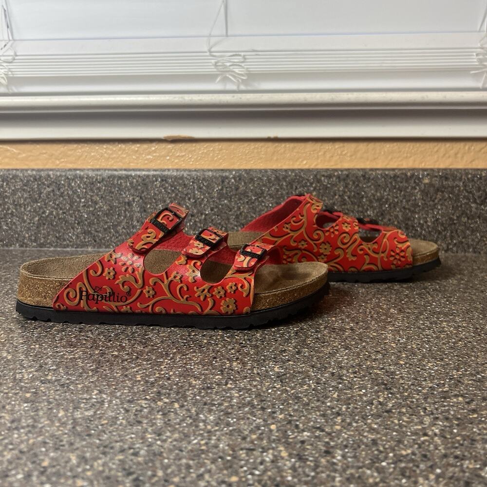 Papillio By Birkenstock Florida Three Strap Womens Sz 6 N EU 37 Red Floral Swirl - Picture 4 of 12